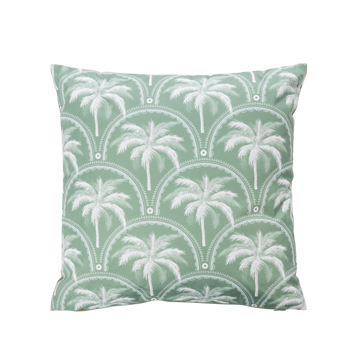 An outdoor cushion featuring a tropical palm print in white & green on a white background.