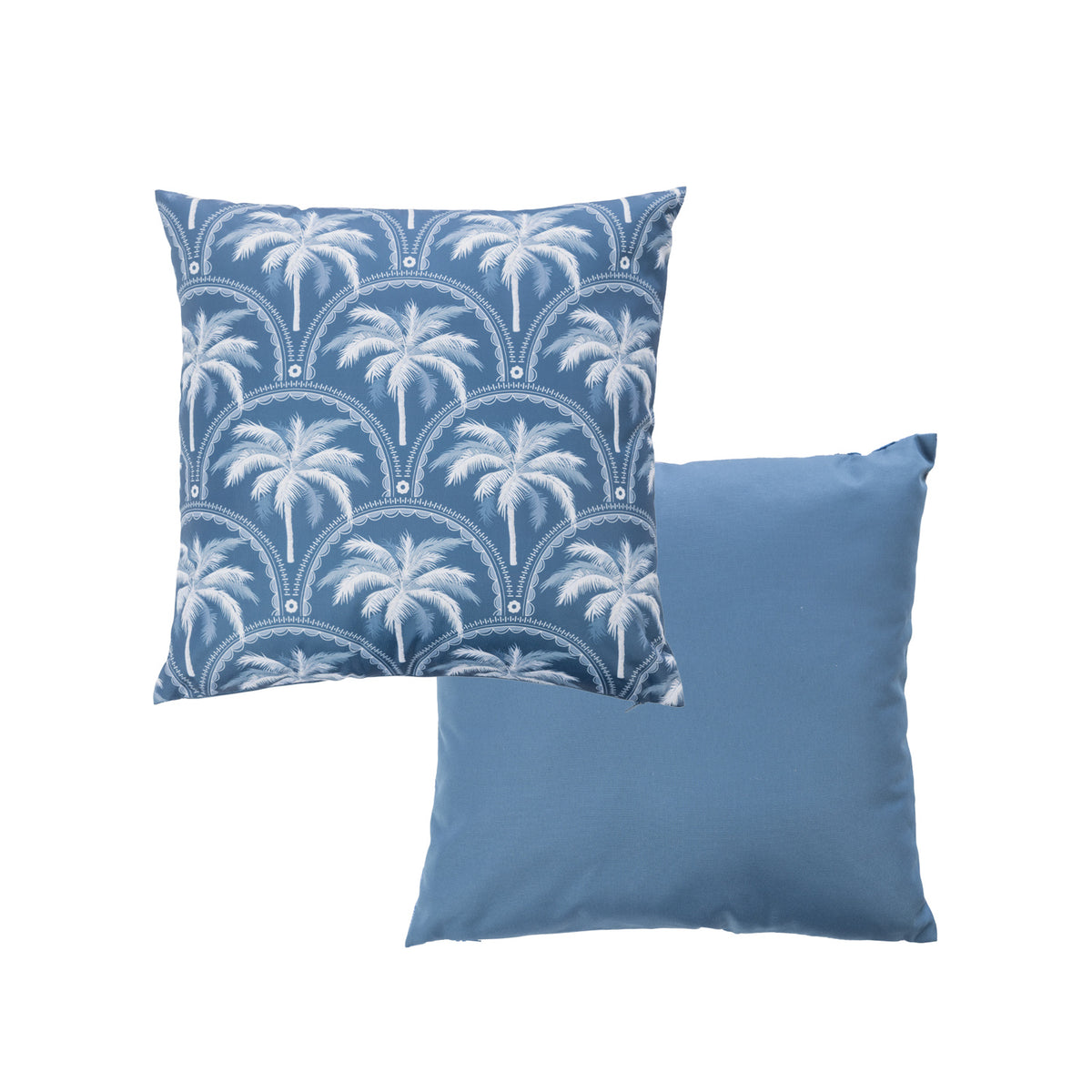 An outdoor cushion features a palm tree pattern in white & blue while the reverse is a solid blue color.