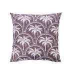 An outdoor cushion featuring a tropical palm print in white & mocha on a white background.