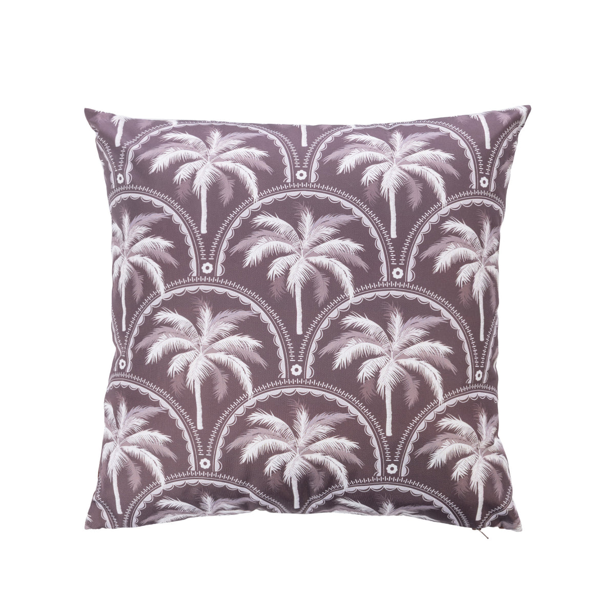 An outdoor cushion featuring a tropical palm print in white & mocha on a white background.
