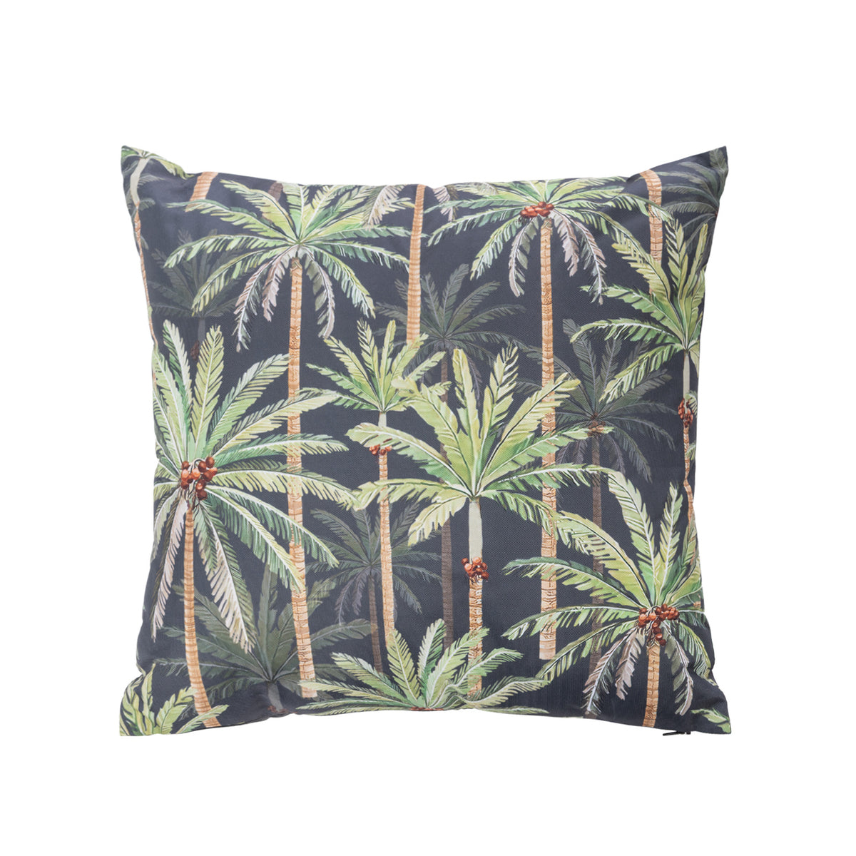 An outdoor cushion featuring a tropical palm tree pattern on a dark charcoal background, shown against a plain white studio backdrop.