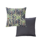 An outdoor cushion featuring a tropical palm tree pattern on a dark charcoal background, with a plain dark charcoal reverse.