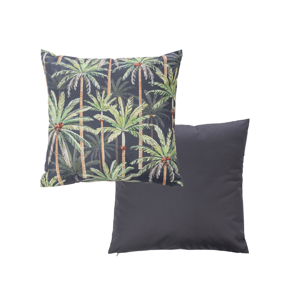 An outdoor cushion featuring a tropical palm tree pattern on a dark charcoal background, with a plain dark charcoal reverse.