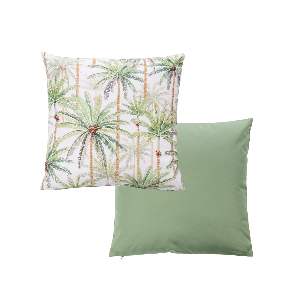An outdoor cushion featuring a tropical palm tree pattern on a light background, with a plain green reverse.
