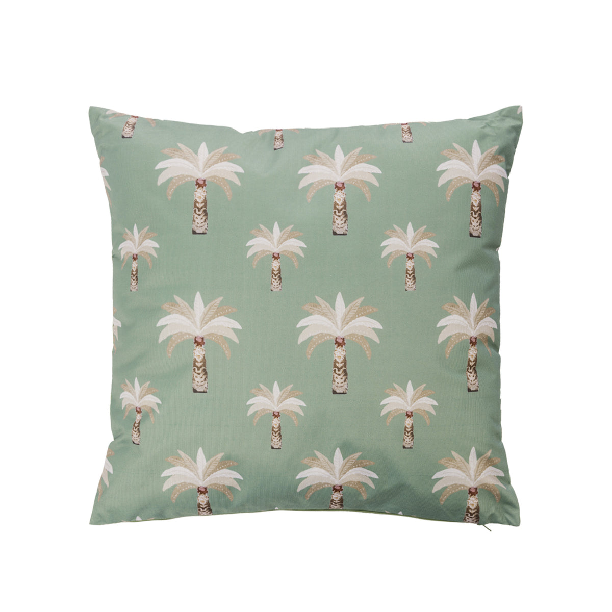 An outdoor cushion featuring a repeating palm tree pattern on a green background, with white and beige fronds and brown trunks, shown against a plain white background.