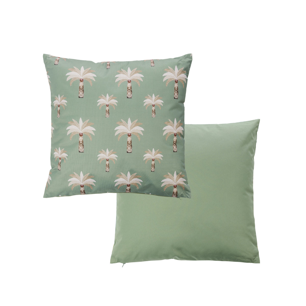 An outdoor cushion featuring  features a green background with a repeating pattern of white palm trees with gold trunks. With a plain green reverse.