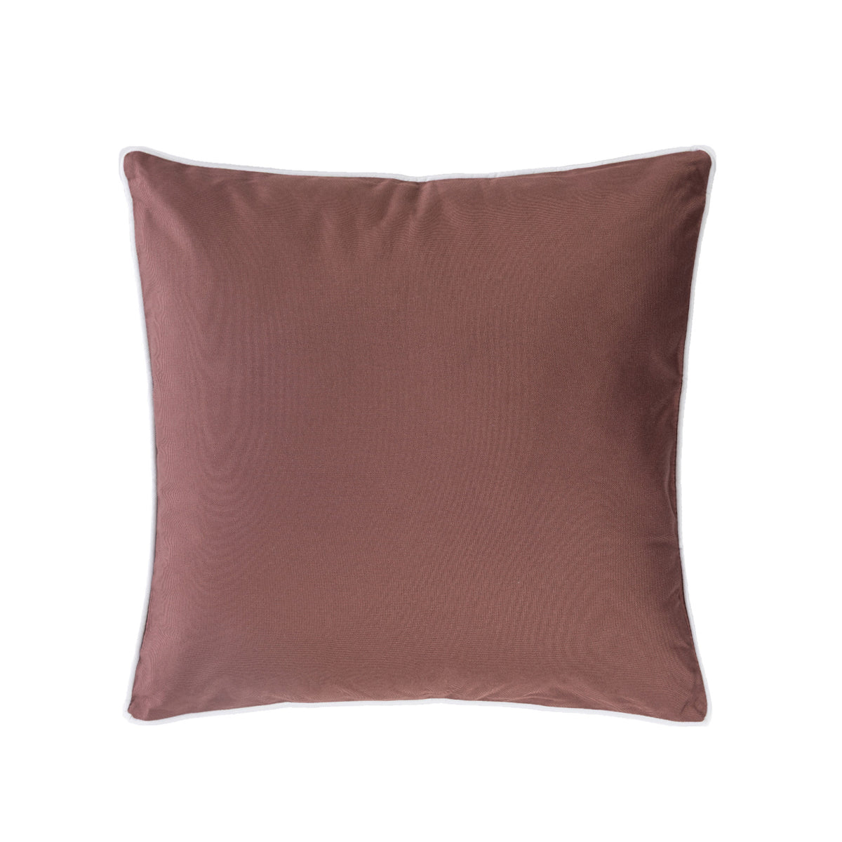 A mocha outdoor cushion with a thin white piped edge, shown against a plain white background.