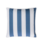 A square outdoor cushion featuring vertical stripes in blue and white, shown against a plain white background.