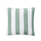 A square outdoor cushion featuring vertical stripes in green and white, shown against a plain white background.