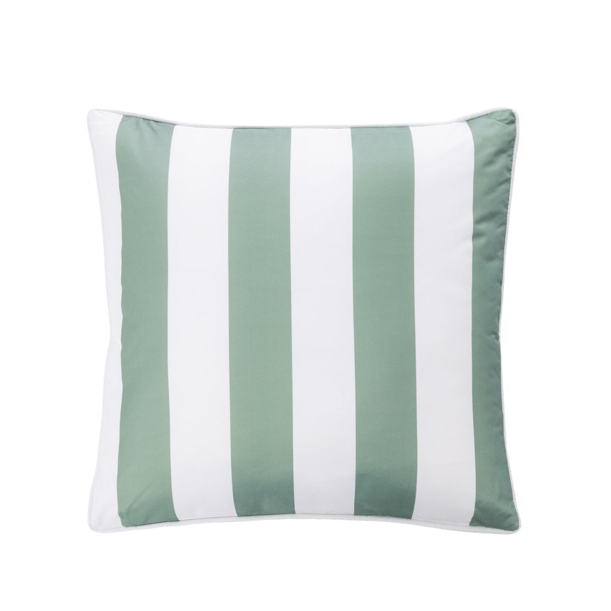 A square outdoor cushion featuring vertical stripes in green and white, shown against a plain white background.