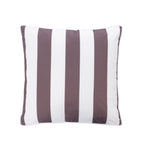 A square outdoor cushion featuring vertical stripes in mocha and white, shown against a plain white background.