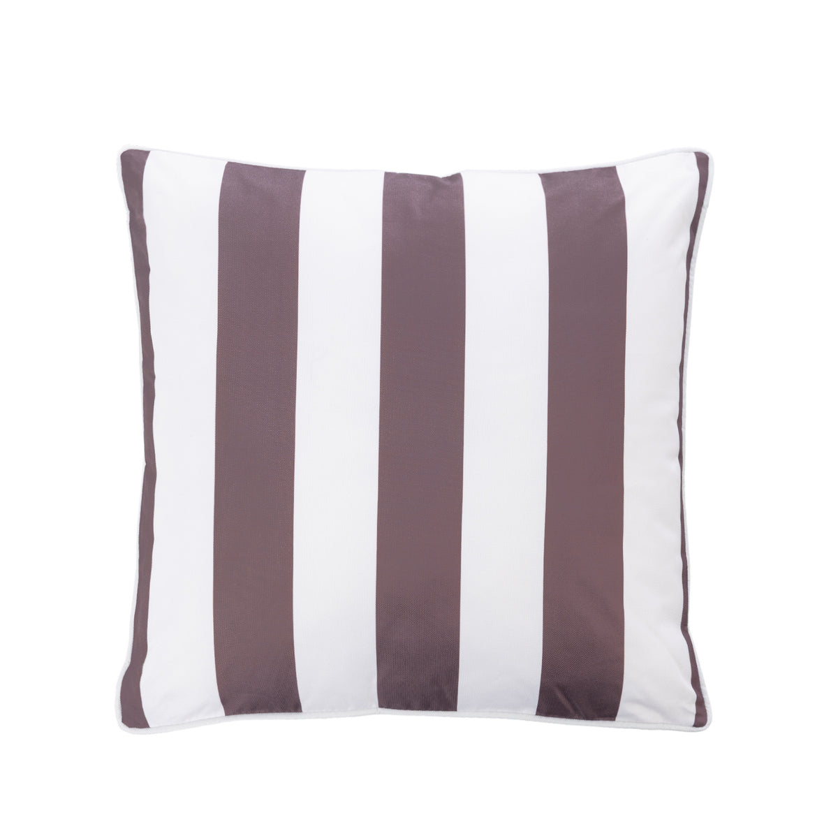 A square outdoor cushion featuring vertical stripes in mocha and white, shown against a plain white background.