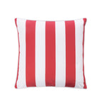 A square outdoor cushion featuring vertical stripes in red and white, shown against a plain white background.