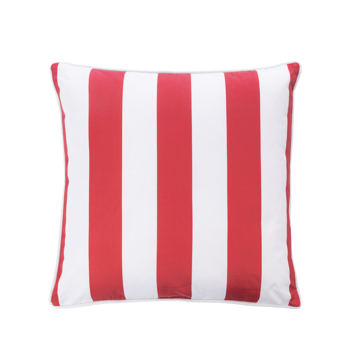A square outdoor cushion featuring vertical stripes in red and white, shown against a plain white background.
