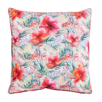 An outdoor euro cushion featuring a vibrant tropical floral print with red hibiscus flowers and green palm leaves on a light background, finished with a red piped edge.