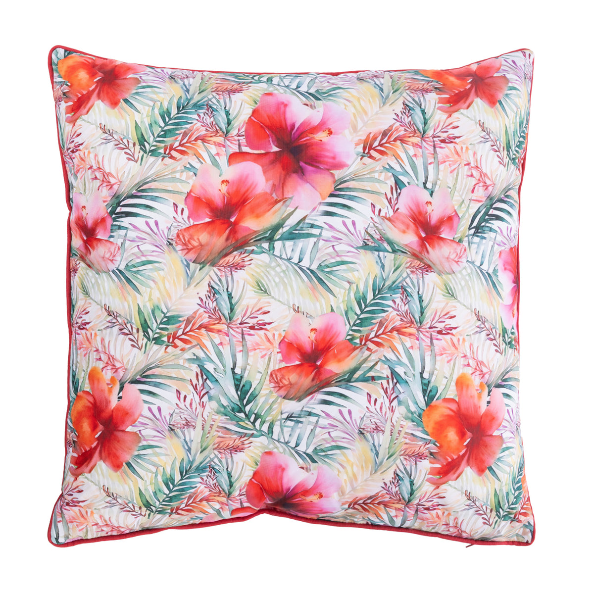 An outdoor euro cushion featuring a vibrant tropical floral print with red hibiscus flowers and green palm leaves on a light background, finished with a red piped edge.