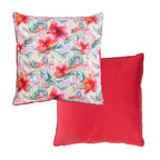 An outdoor euro cushion featuring a vibrant tropical pattern on a light background, with a plain red reverse shown against a plain white studio backdrop.