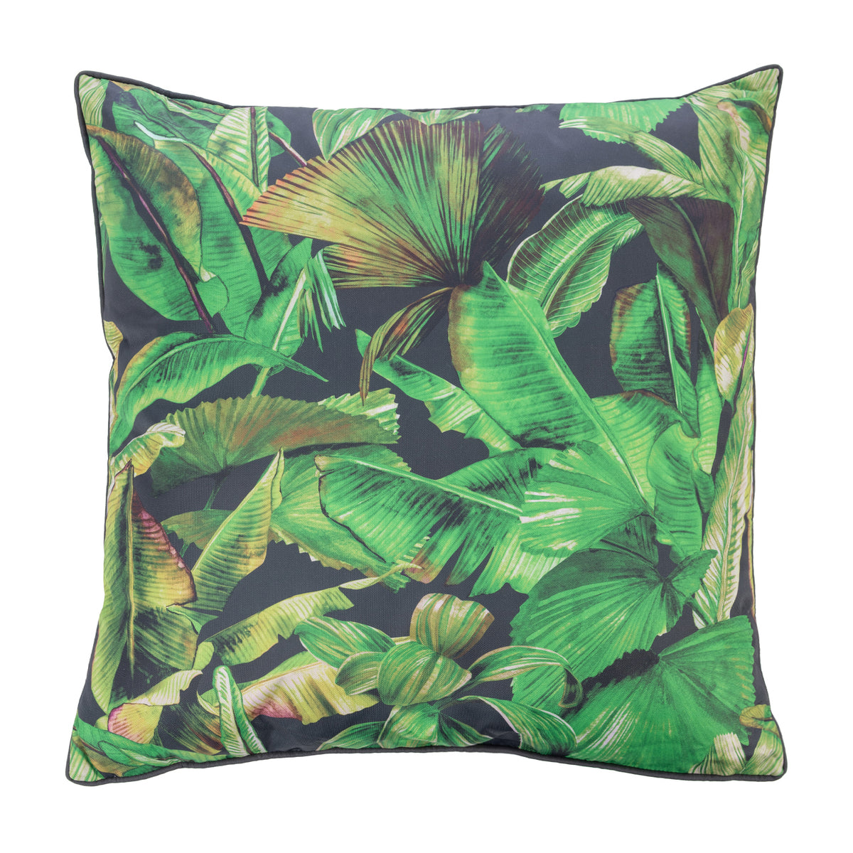 An outdoor euro cushion featuring a vibrant green tropical banana leaf pattern on a dark charcoal background, shown against a plain white studio backdrop.