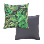 An outdoor euro cushion featuring a  green tropical leaf print on a dark background with a plain solid dark gray reverse.