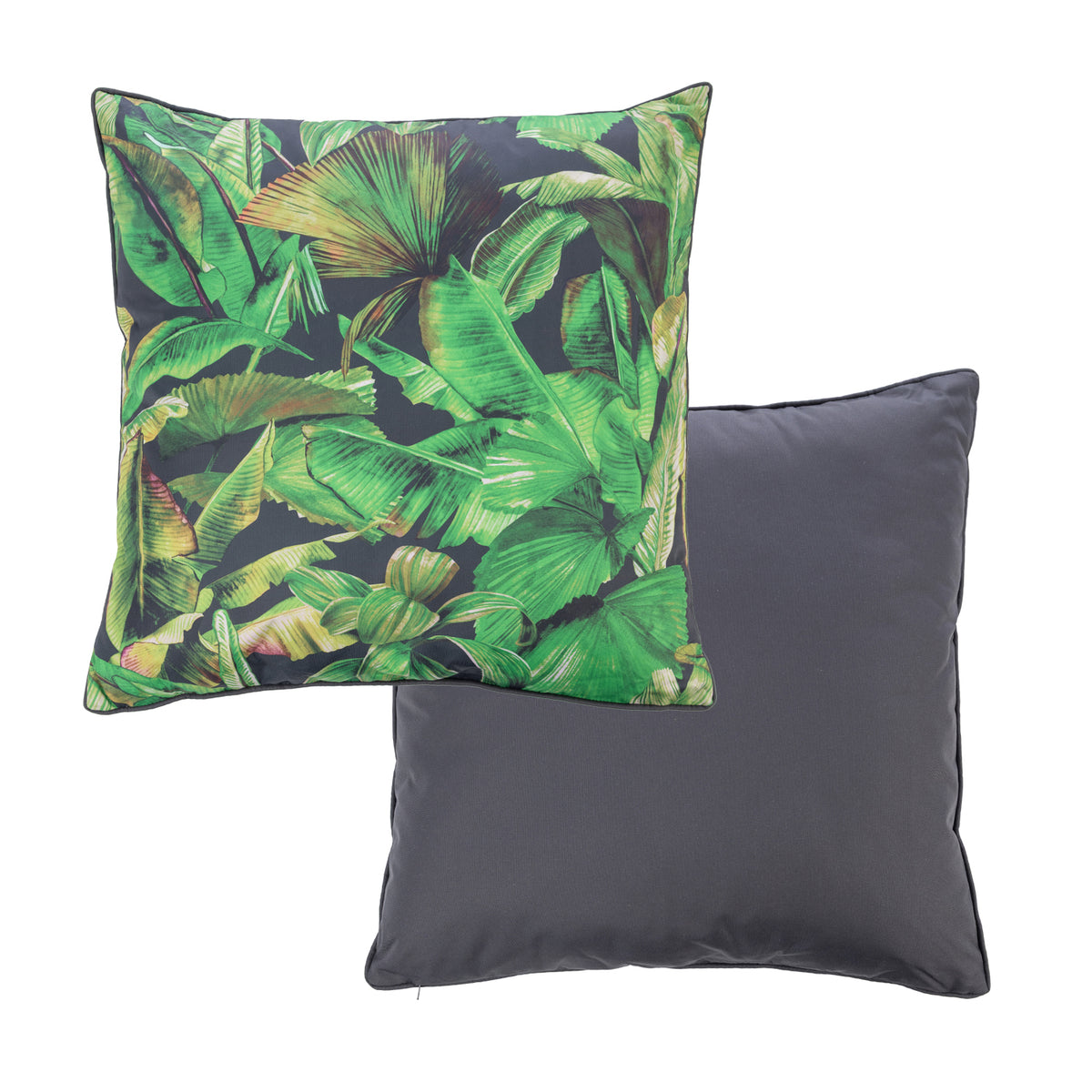 An outdoor euro cushion featuring a  green tropical leaf print on a dark background with a plain solid dark gray reverse.