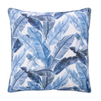 An outdoor euro cushion featuring a blue and white tropical banana leaf pattern, shown against a plain white background.