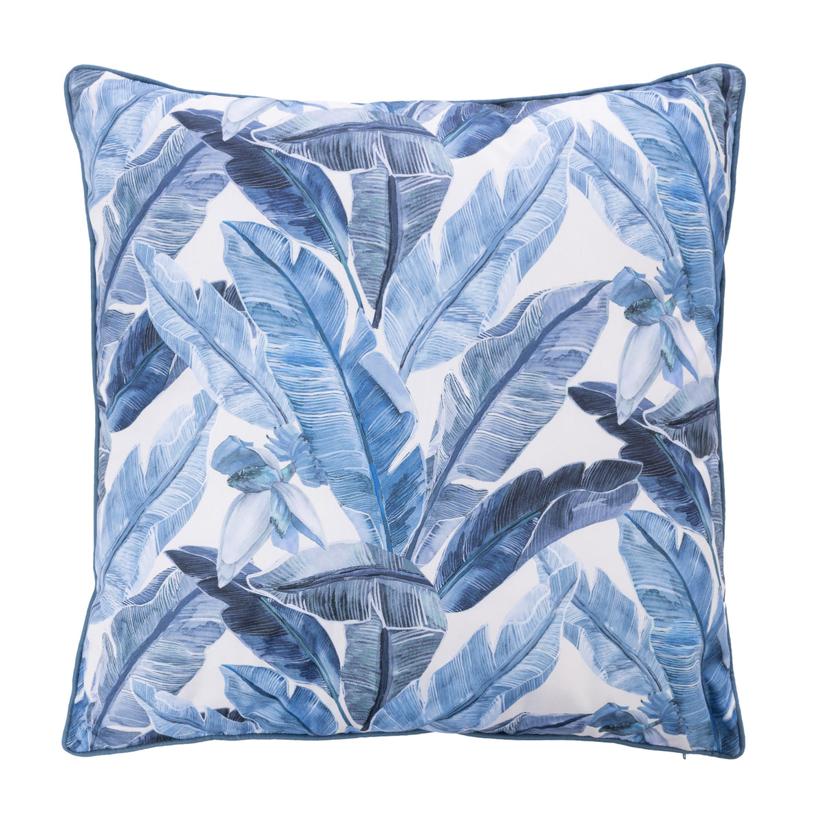 An outdoor euro cushion featuring a blue and white tropical banana leaf pattern, shown against a plain white background.