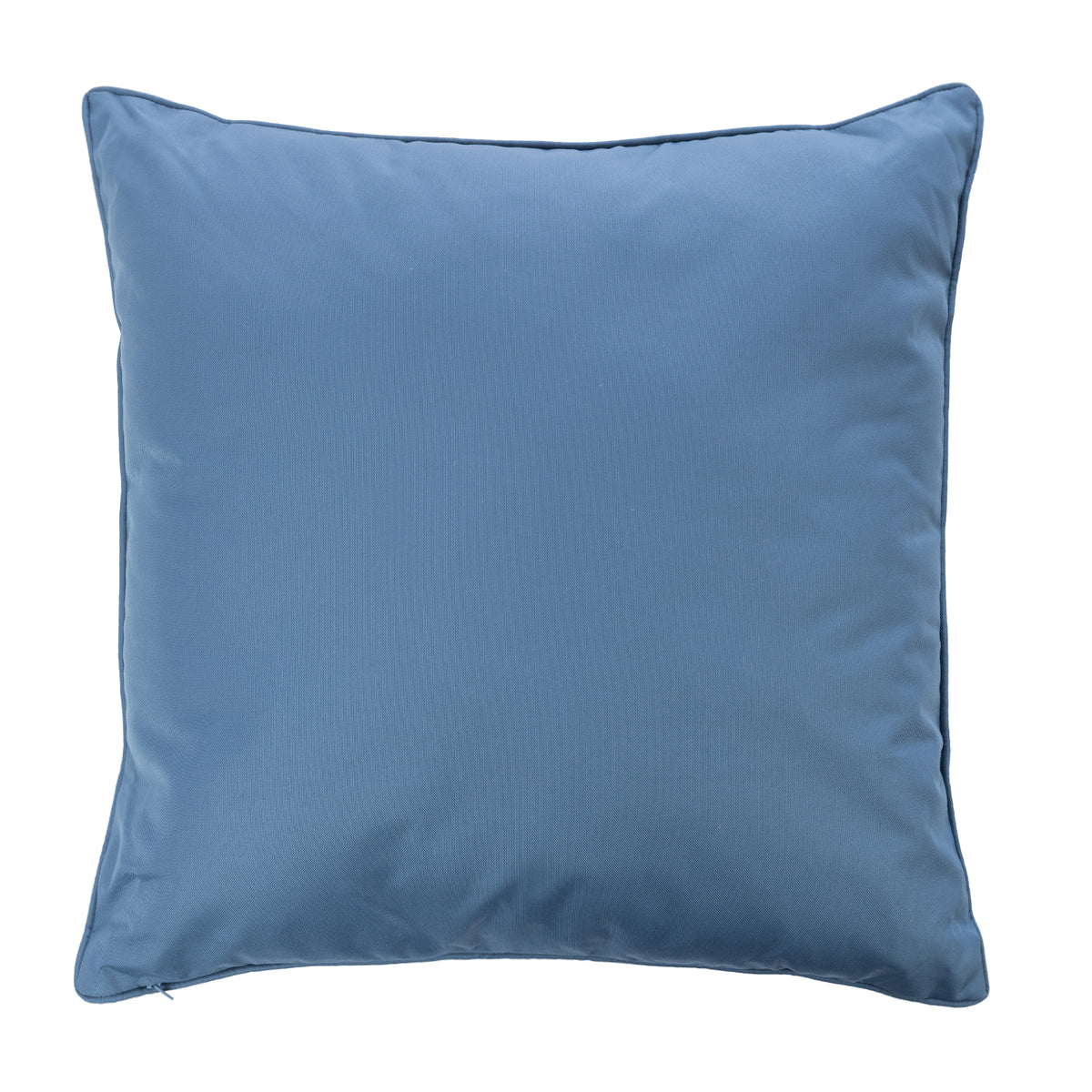A plain reverse of a blue outdoor euro cushion with piped edges, shown against a plain white background.