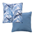 An outdoor euro cushion featuring a  blue leaf print on a light background with a plain solid blue reverse.