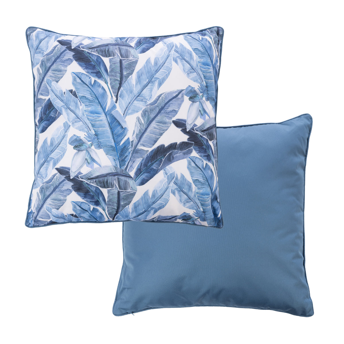 An outdoor euro cushion featuring a  blue leaf print on a light background with a plain solid blue reverse.