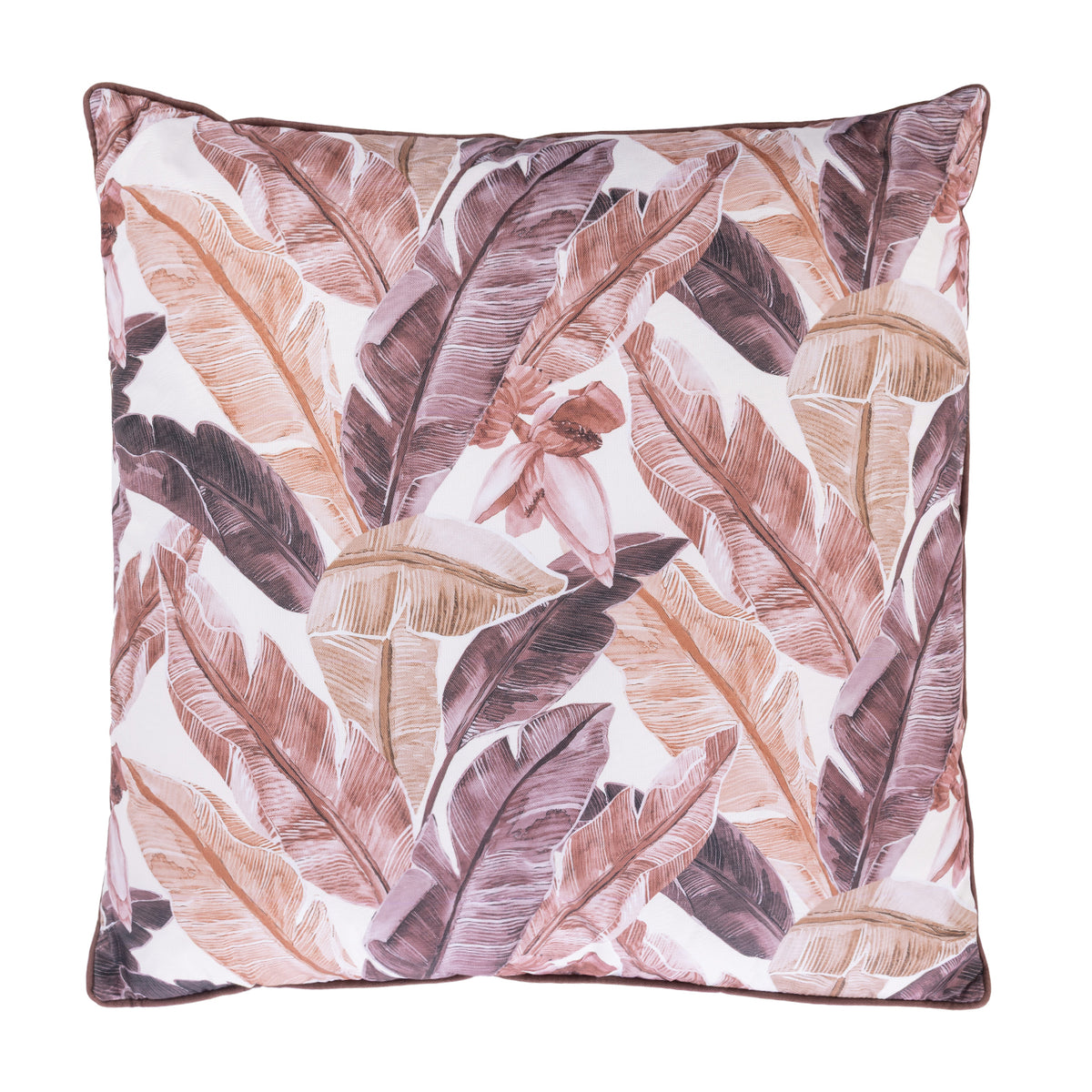 An outdoor euro cushion featuring a mocha and white tropical banana leaf pattern, shown against a plain white background.