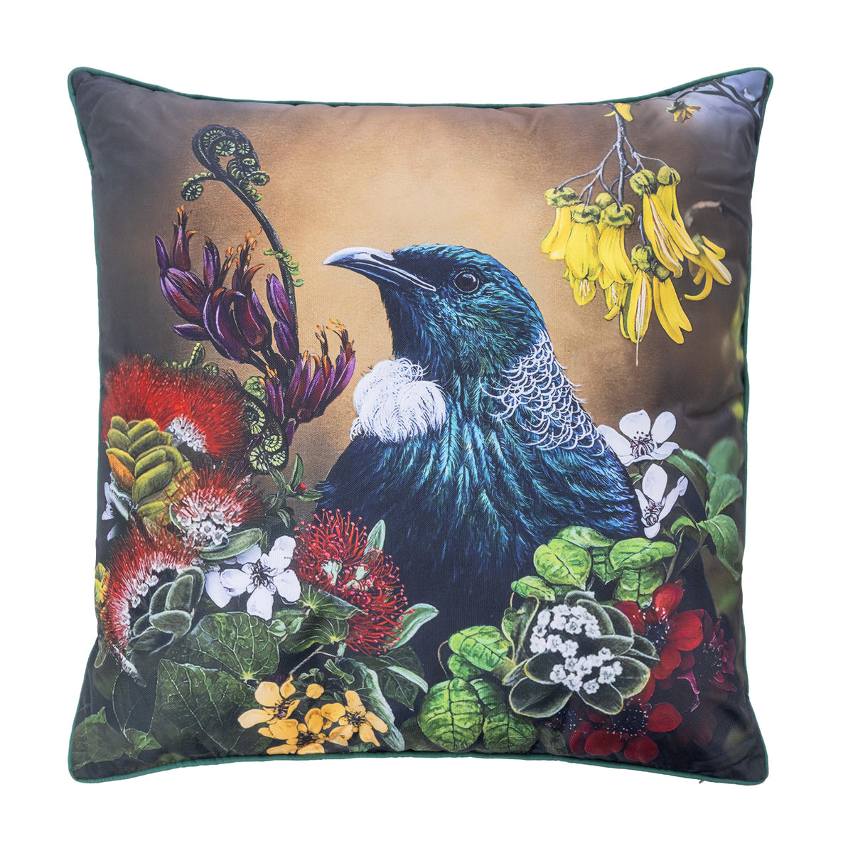 An outdoor euro cushion featuring a detailed illustration of a Tui bird surrounded by colorful native flowers on a warm background, with a dark green fabric border.