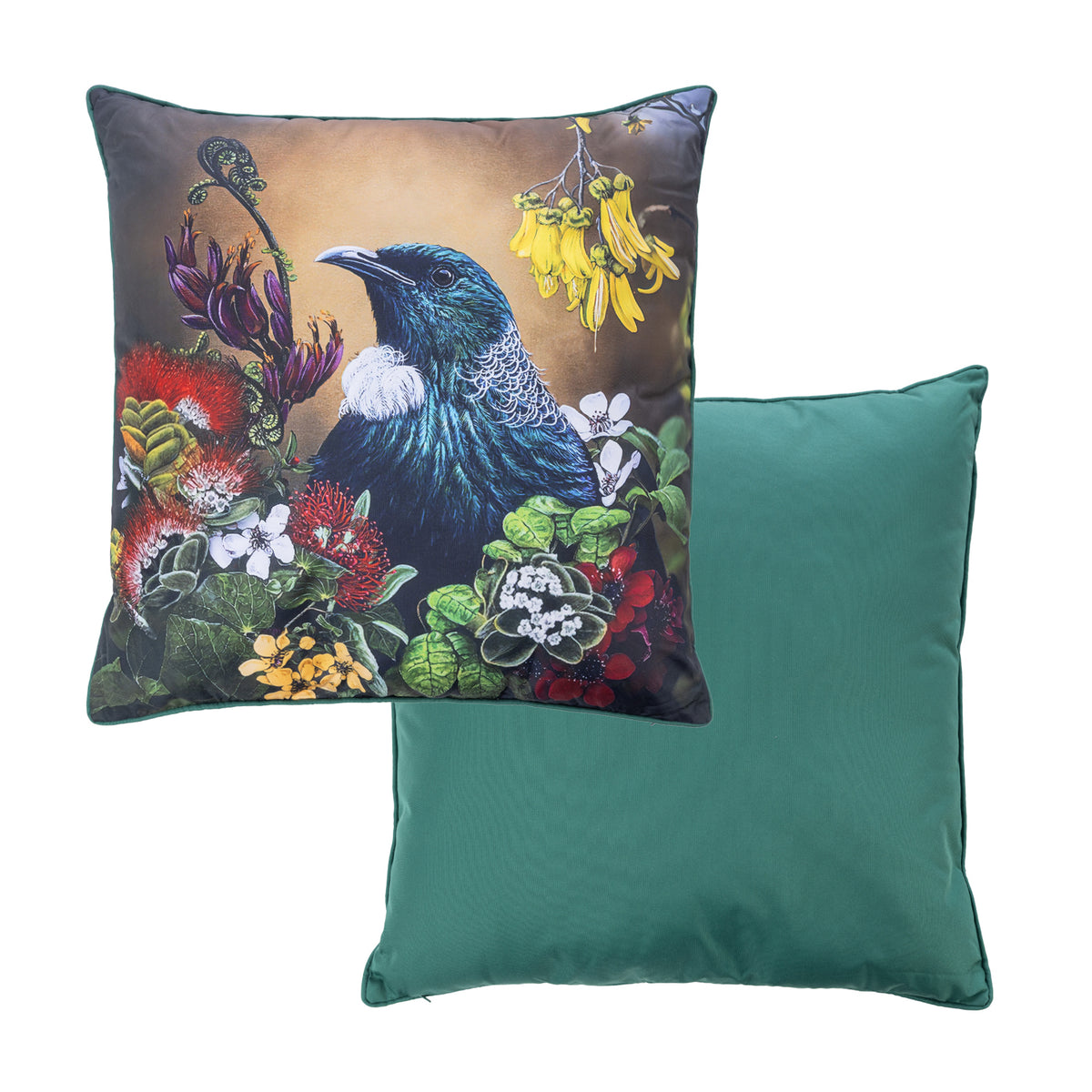 An outdoor euro cushion featuring a detailed print of a Tui bird surrounded by native flowers on a warm background, while the reverse of the cushion shows a solid green fabric.