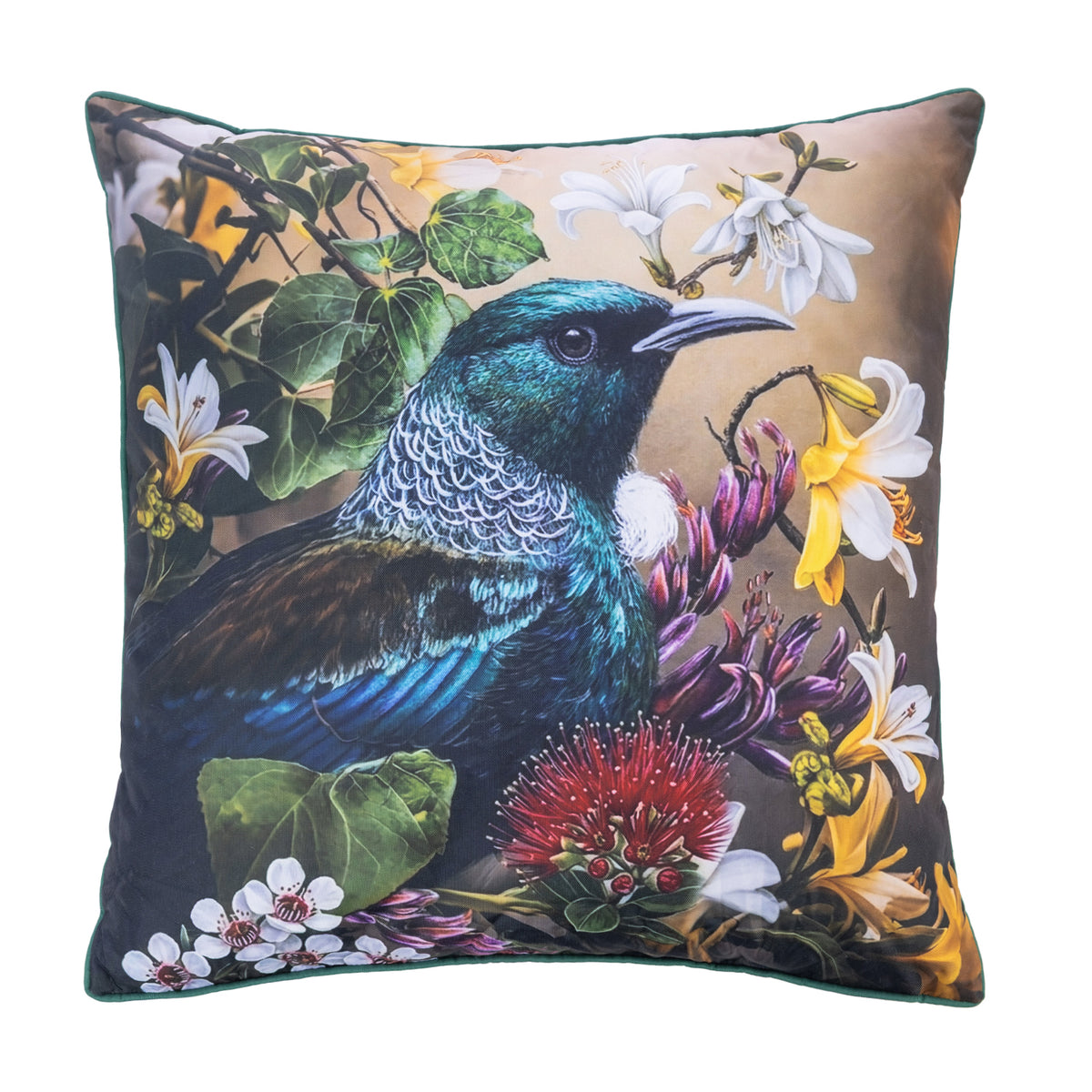 An outdoor euro cushion featuring a detailed illustration of a Tui bird surrounded by colorful native flowers on a warm background, with a dark green fabric border.