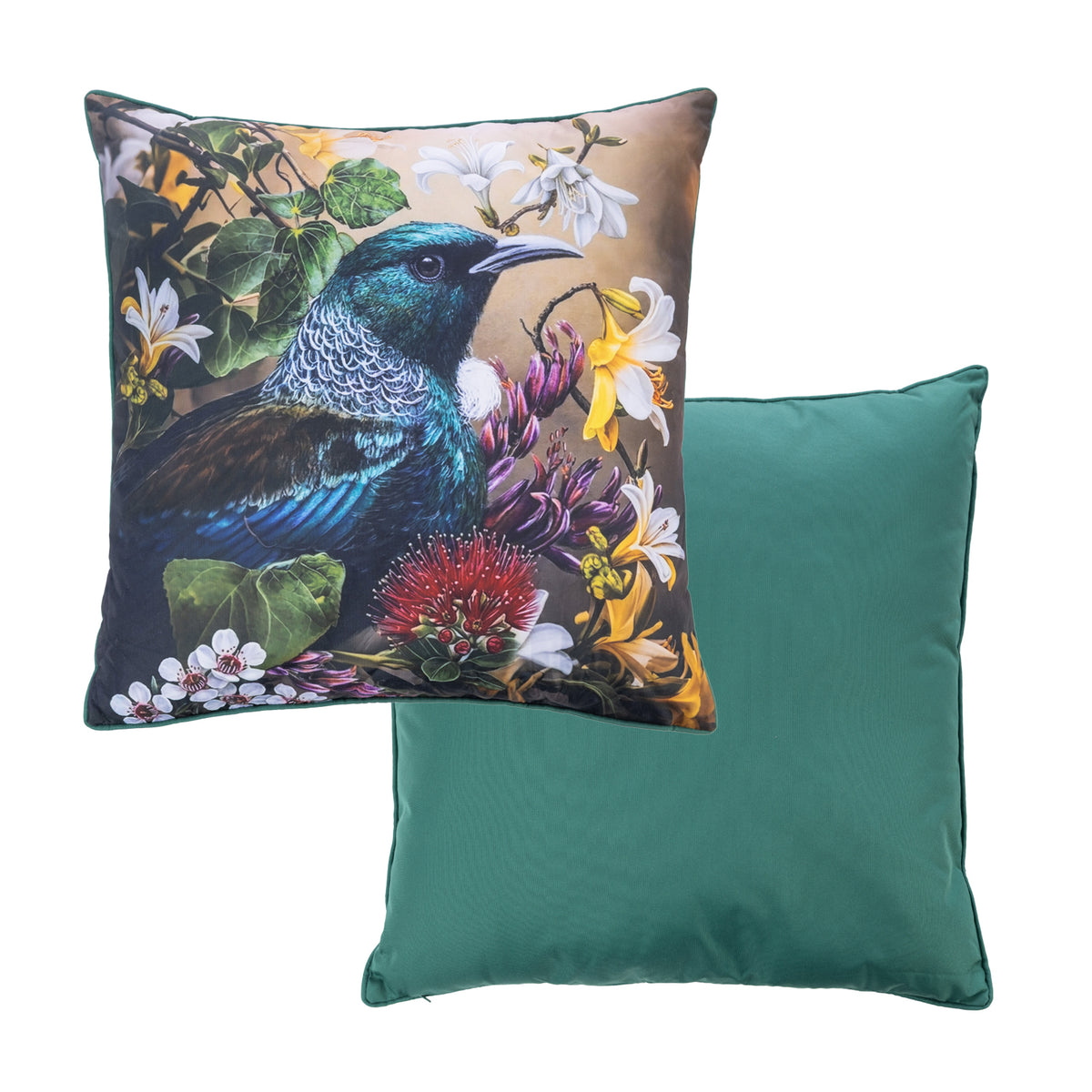 An outdoor euro cushion featuring a detailed print of a Tui bird surrounded by native flowers on a warm background, while the reverse of the cushion shows a solid green fabric.