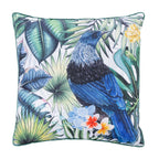 An outdoor euro cushion featuring a vibrant tropical design with a tui bird, green palm leaves, and colorful flowers on a white background.