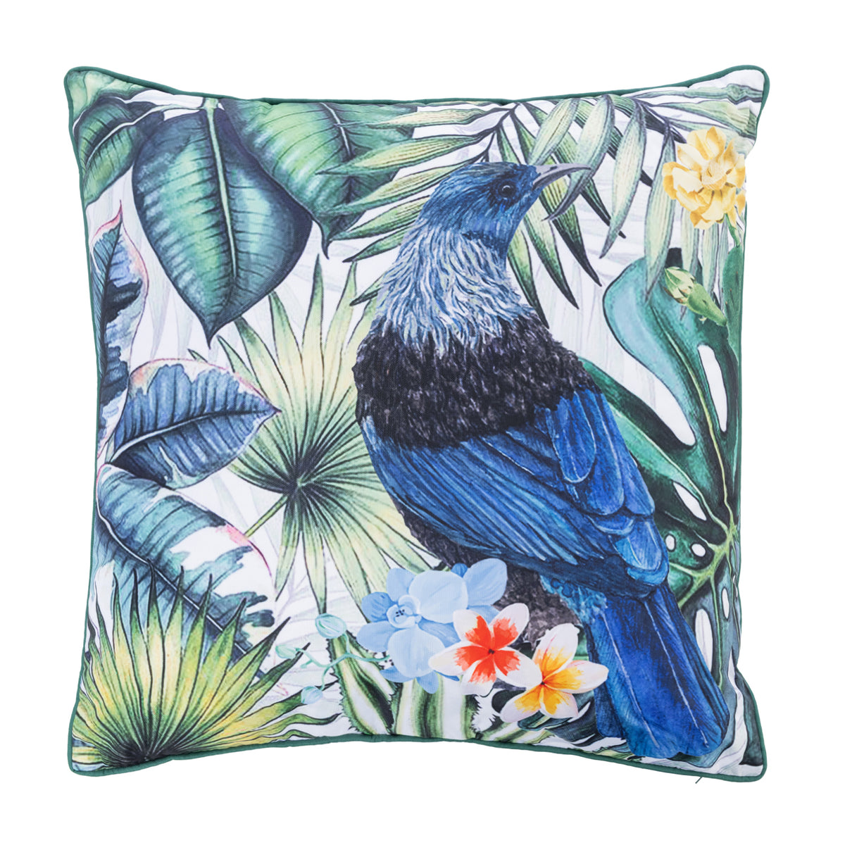 An outdoor euro cushion featuring a vibrant tropical design with a tui bird, green palm leaves, and colorful flowers on a white background.