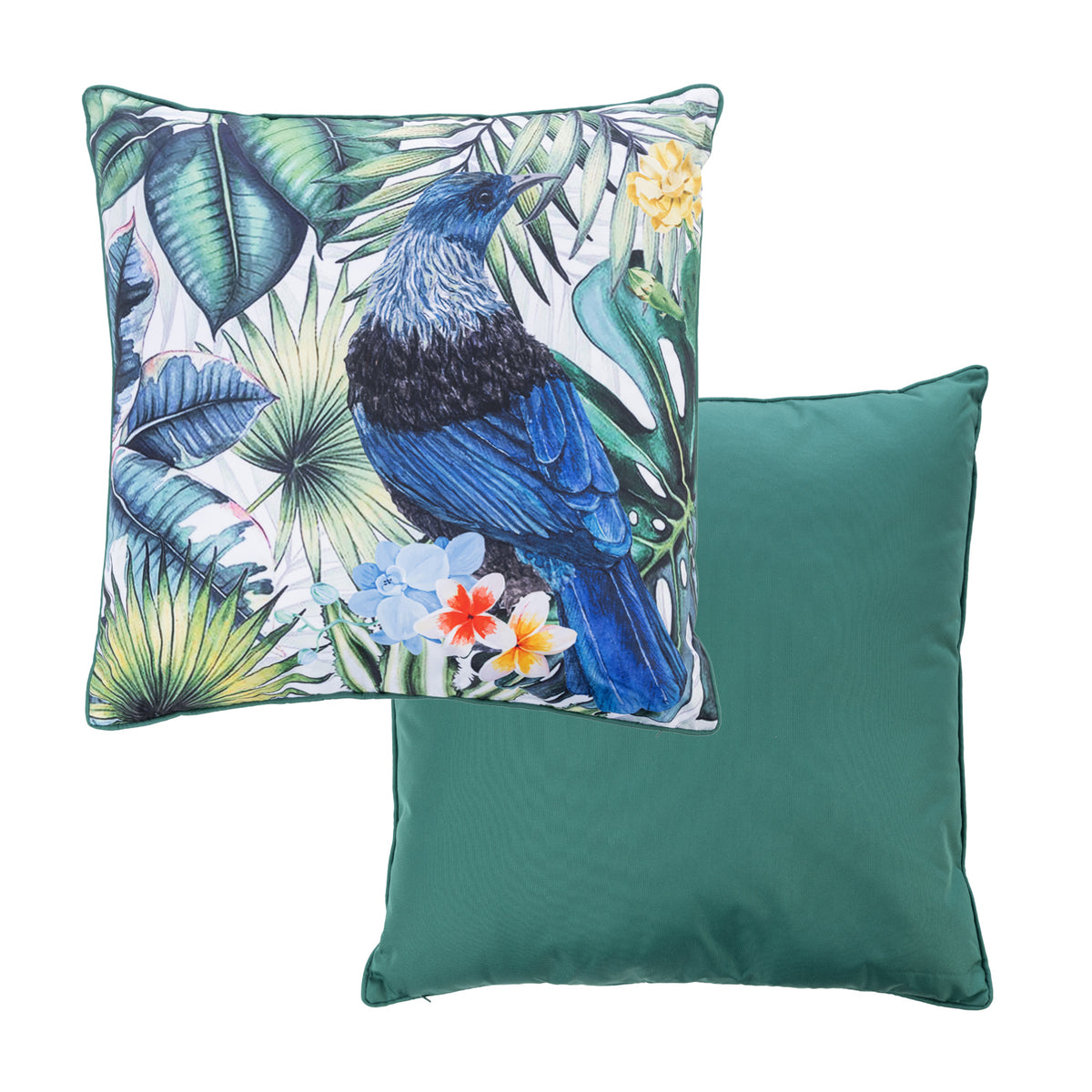 An outdoor euro cushion featuring a detailed print of a Tui bird surrounded by tropical leaves & flowers on a light background, while the reverse of the cushion shows a solid green fabric.