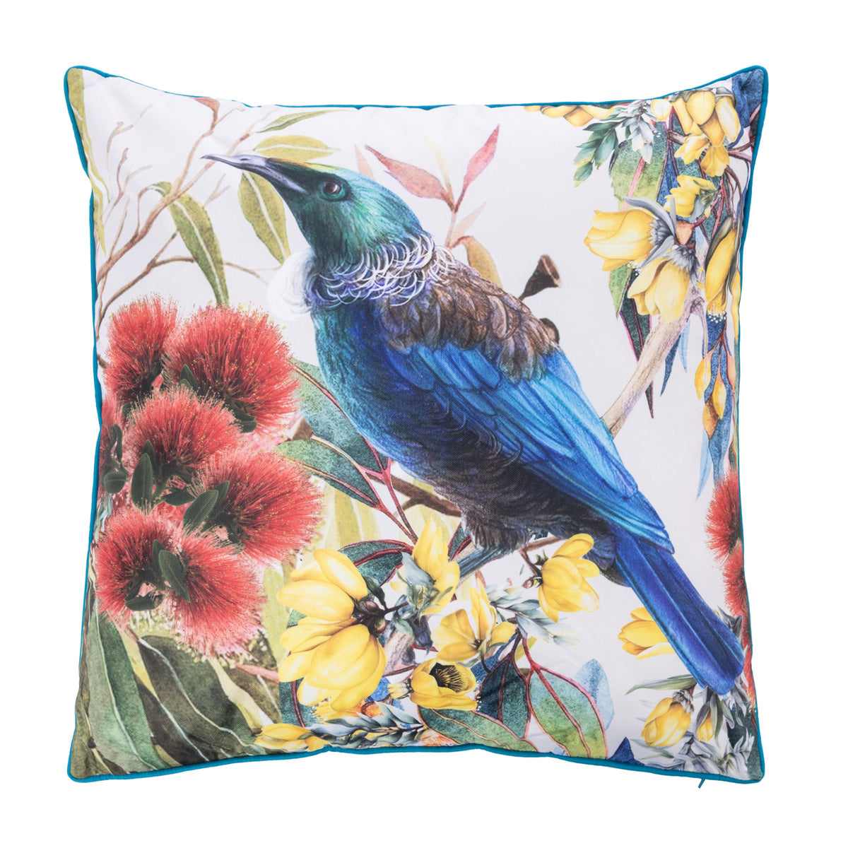 An outdoor euro cushion featuring a detailed illustration of a Tui bird perched among Pohutukawa red flowers and Kowhai yellow blossoms on a white background with a blue border.
