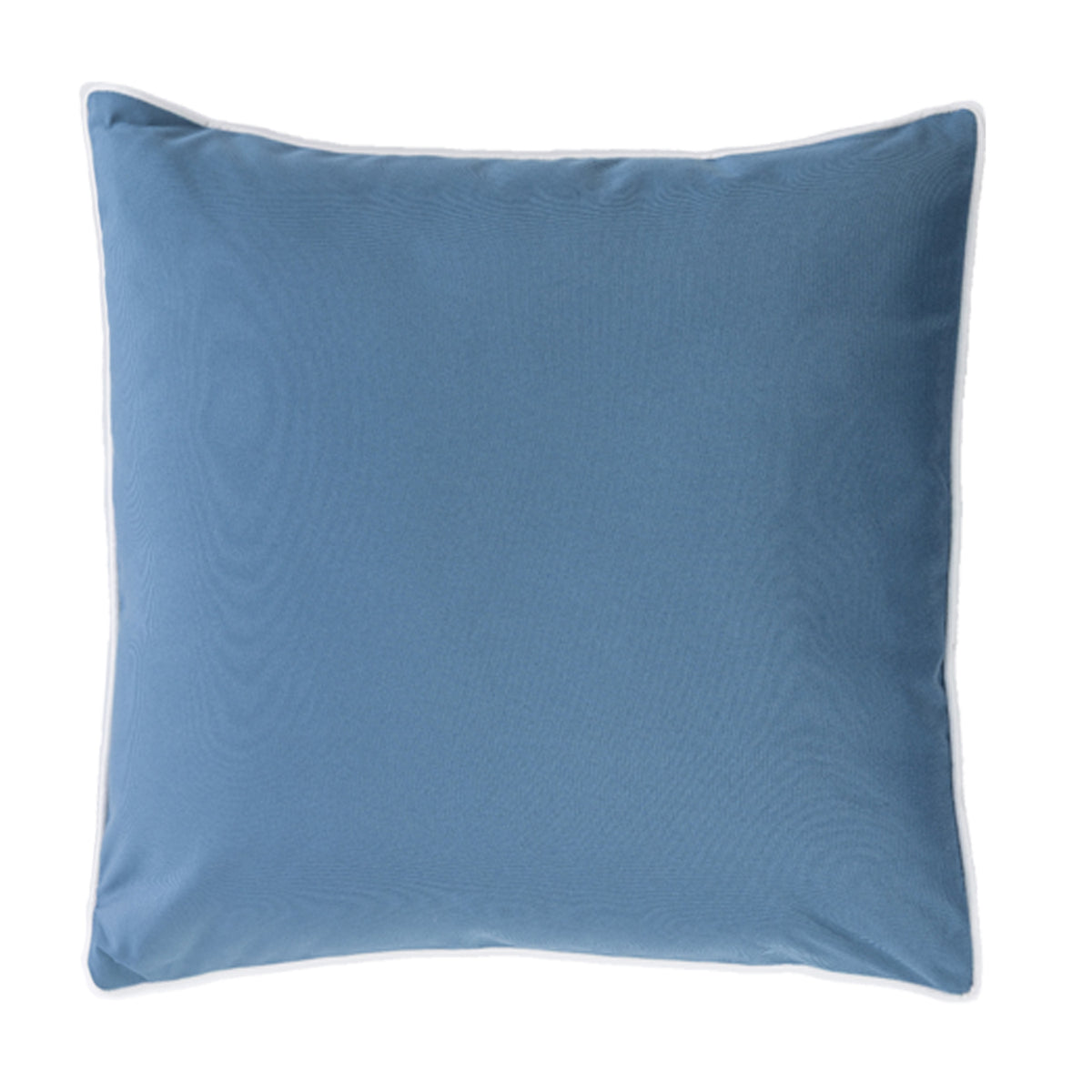 A blue outdoor Euro cushion with a thin white piped edge, shown against a plain white background.