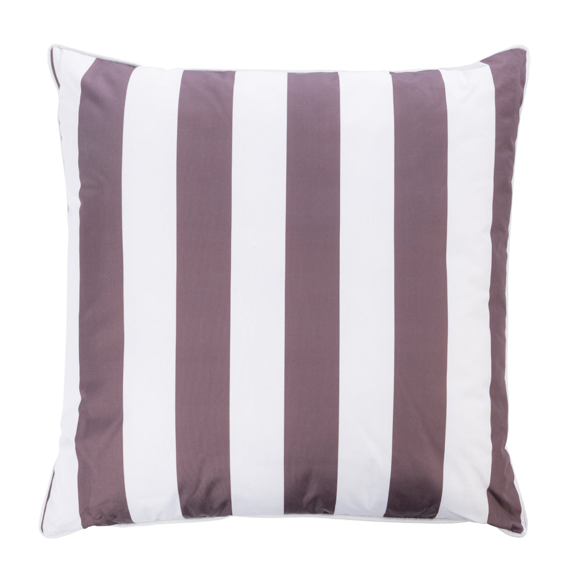 A square outdoor euro cushion featuring vertical stripes in mocha and white, shown against a plain white background.