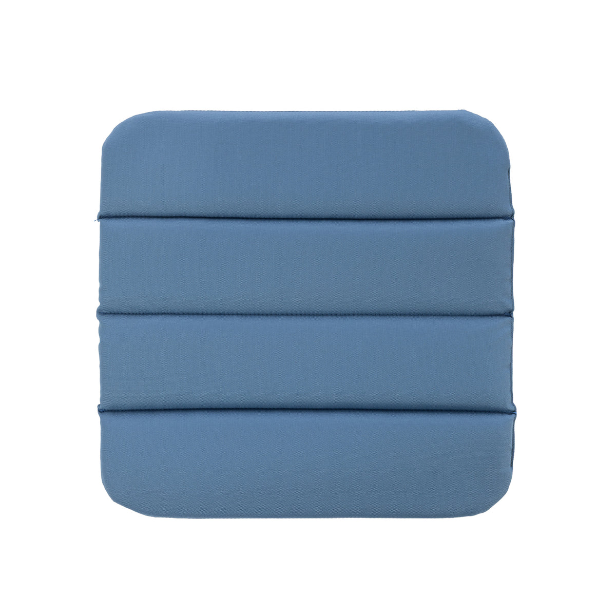 A square blue seat pad with rounded corners and horizontal stitched sections, shown against a plain white background.