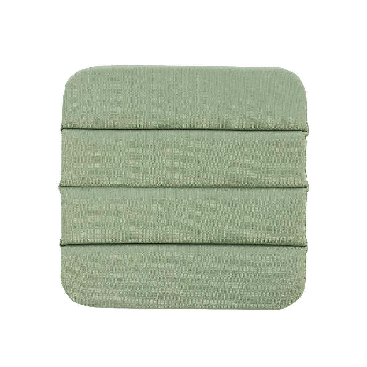 A square green seat pad with rounded corners and horizontal stitched sections, shown against a plain white background.