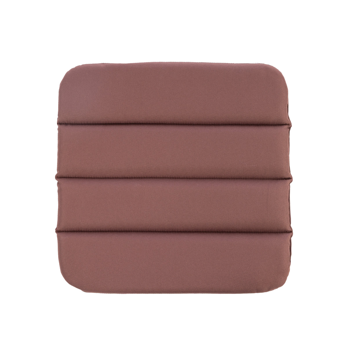 A square mocha seat pad with rounded corners and horizontal stitched sections, shown against a plain white background.