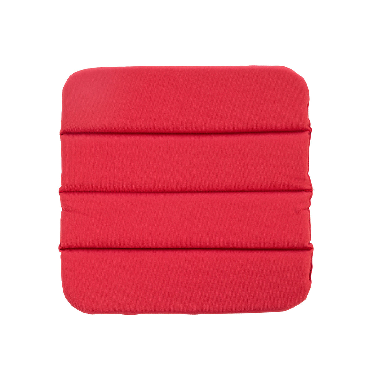 A square red seat pad with rounded corners and horizontal stitched sections, shown against a plain white background.