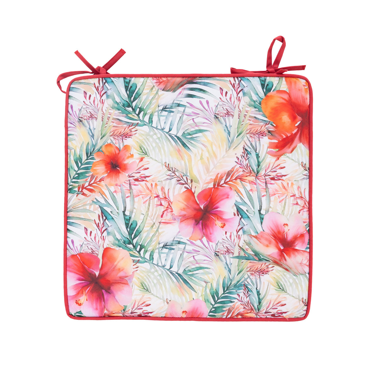 A square chair Pad featuring a vibrant tropical floral and palm leaf print in shades of pink, red, green, and orange on a white background, finished with a red border and two red ties at the top corners.
