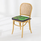 A light natural wood dining chair with a woven cane backrest, featuring a green and black patterned seat cushion, set against a clean white studio background.
