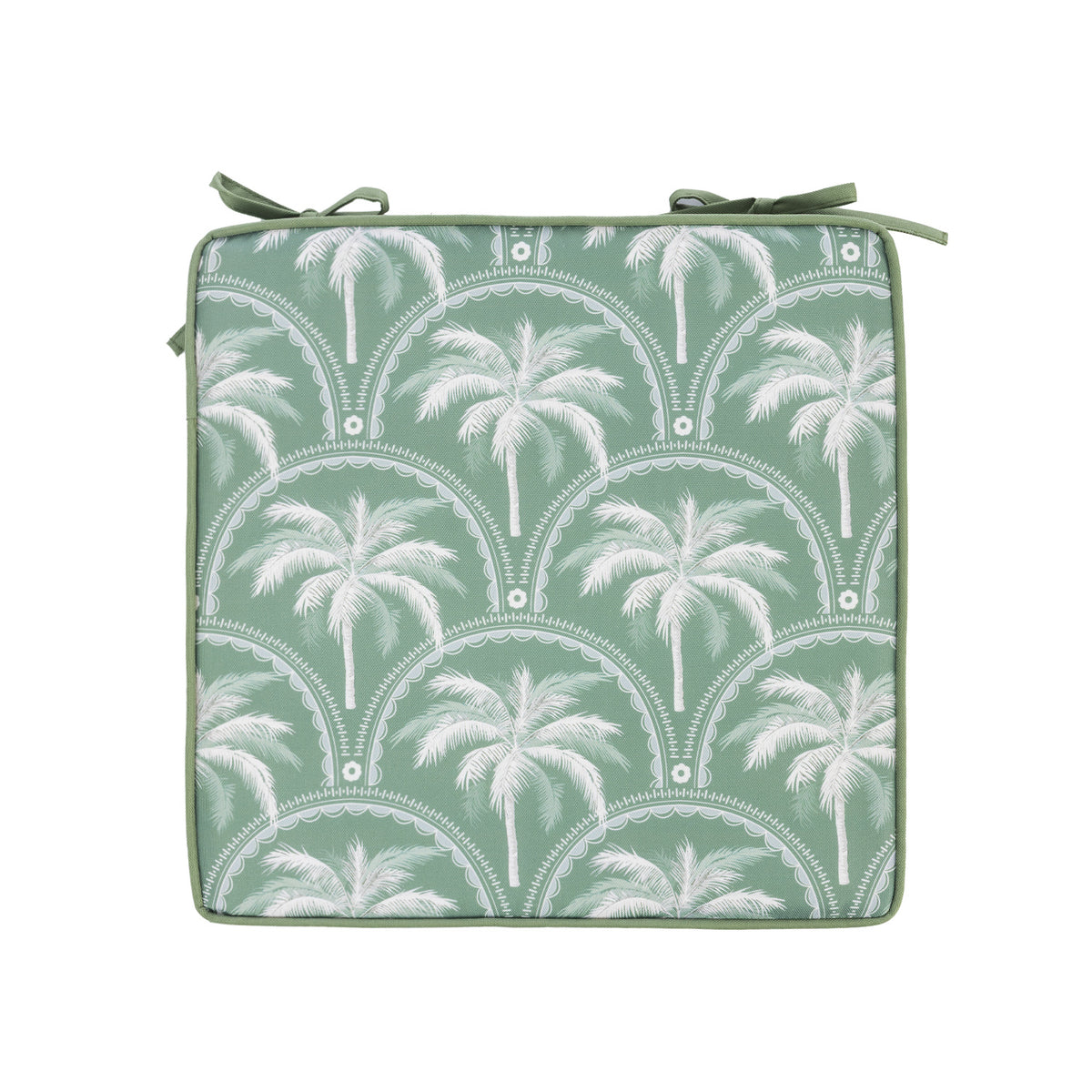 A chair pad cushion featuring a white palm tree and arch pattern, with two matching green ties at the top, shown on a plain white background.