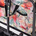 Close-up of the hibiscus-print fabric with built-in side storage pocket.