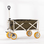 Green folding trolley with cream frame, yellow all-terrain wheels and extended pull handle, shown without the tabletop.