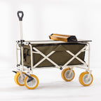 Green folding trolley shown with the slatted tabletop partially folded on top.